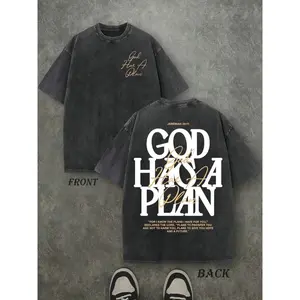 [100% Cotton] Vintage Washed "God Has a Plan" Double-Sided Print Tee |   230gsm Heavyweight Christian Streetwear, Unisex Wide-Shoulder Fit, High-Quality Cotton Casual Top for Men & Women