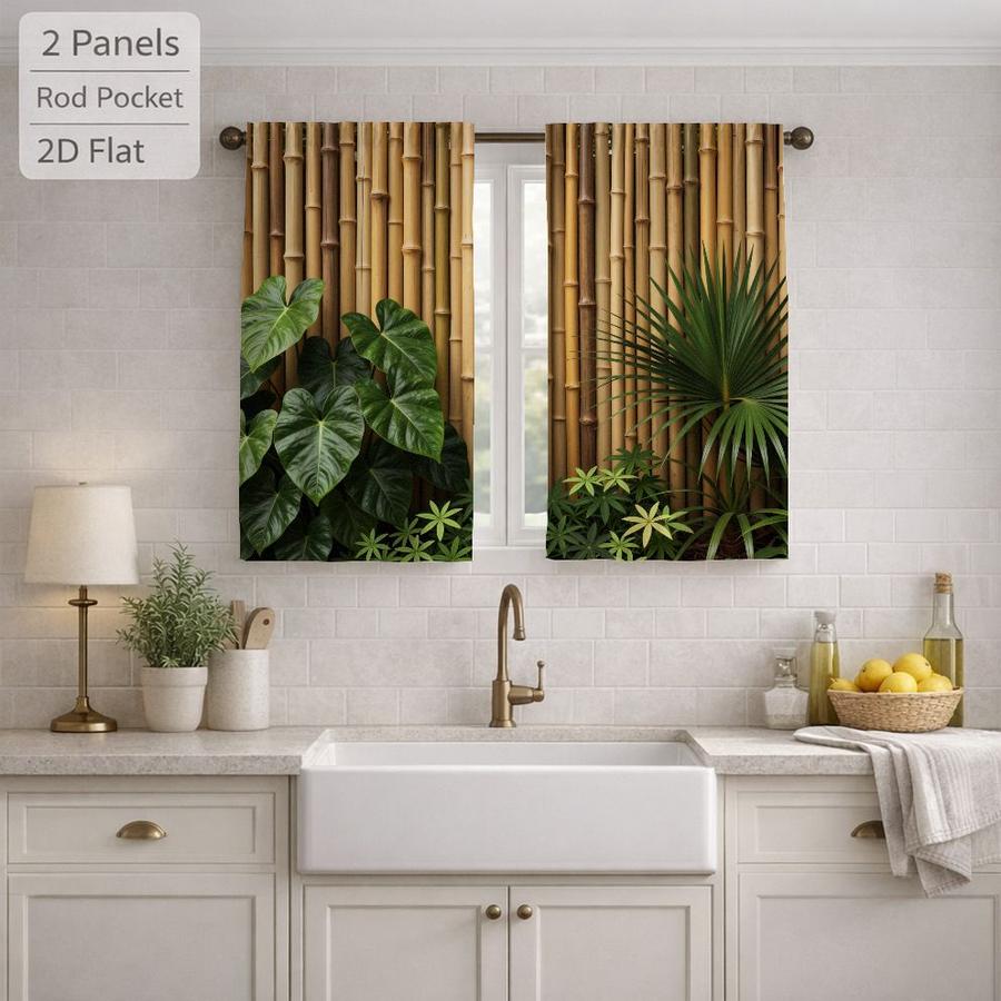 2Pcs Tropical Style Bamboo Leaves Pattern Sun Blocking Curtains Digital Printed Rod Pocket, Window Treatment For Bedroom Office Kitchen Living Room Study Home Decor