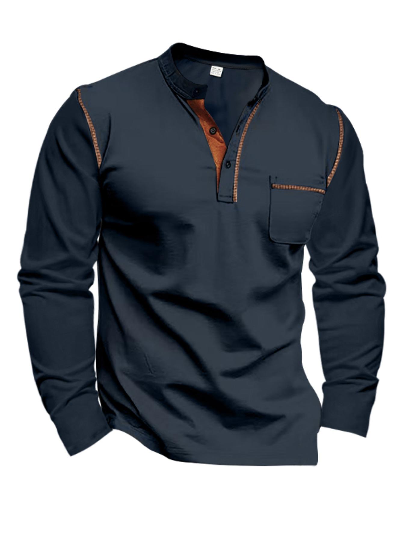 Men's Regular Fit Long Sleeve Pocket T-shirt, Casual Button Front Mock Neck Top for Spring & Fall, Fashion Men's Clothes for Daily Wear