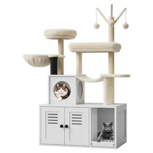2-in-1 Cat Litter Box Enclosure with Cat Tree, Modern Hidden Cat Washroom Storage Cabinet, Multi-Level Cat Tower with Sisal Scratching Posts, Condo and Perch