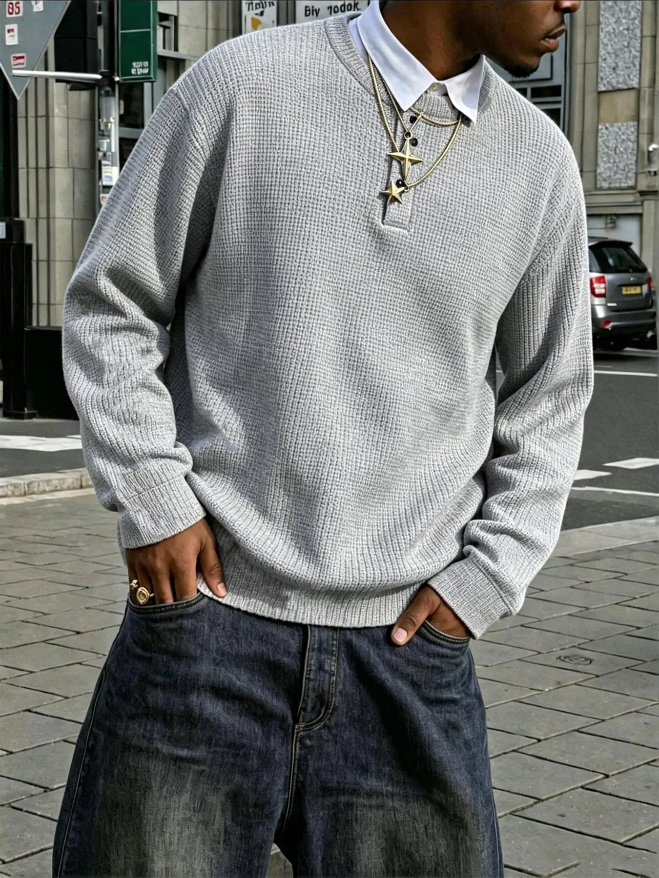 Henley Collar Knit Sweater, Minimalist Streetwear Oversized Pullover, Loose Long Sleeve Jumper For Men Daily Urban Outfit