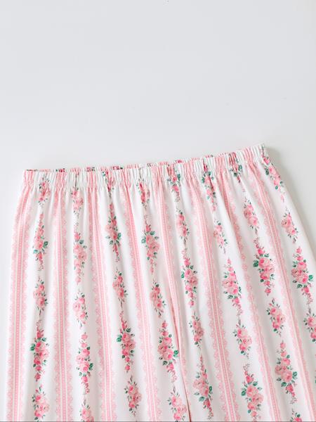 Elegant Floral Pattern Long Sleeve Pajamas Set, Light Button-Up Top and Pants, Casual Fitted Sleepwear, Matching Pyjamas for Spring & Fall