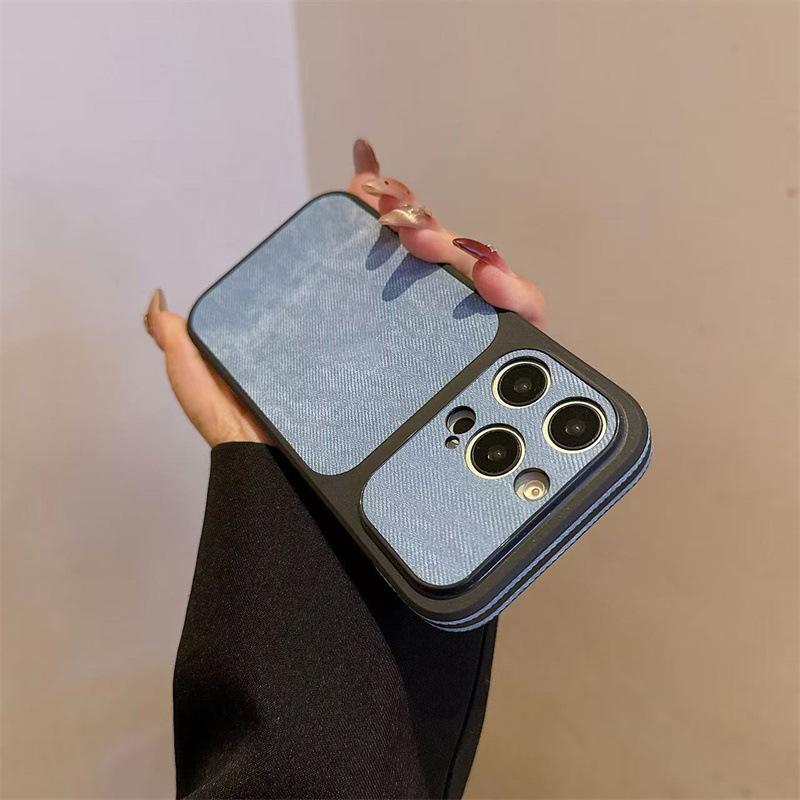 Instantly enlarges the screen, suitable for iPhone 17/16/15/14/13, denim-pattern side-stick anti-collision edge denim leather protective case