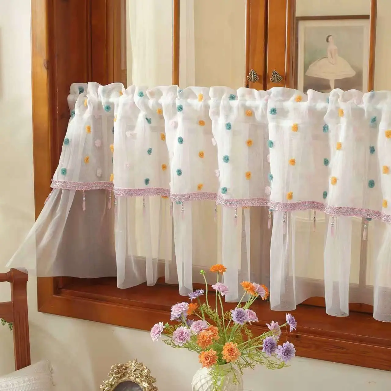 1panel Clear Lace Curtain, Dual Layer Mesh Design, Rod Pocket, Ideal for Bedroom, Balcony, Kitchen Decor, Closet Privacy