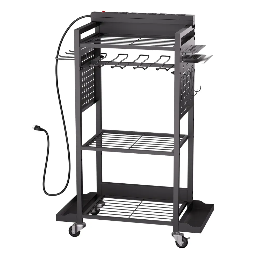 4-Tier Rolling Tool Organizer Cart with Charging Station, 8 AC Outlets, Rolling Drill Holder & Tool Battery Storage Rack on Wheels, Mobile Storage Cart for Garage & Workshop