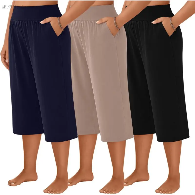 3 Pack Women's Plus Size Capri Pants, Wide Legs Elastic Waist Capris with Pockets Lounge Loose SweatpantsAB19Wild Motion