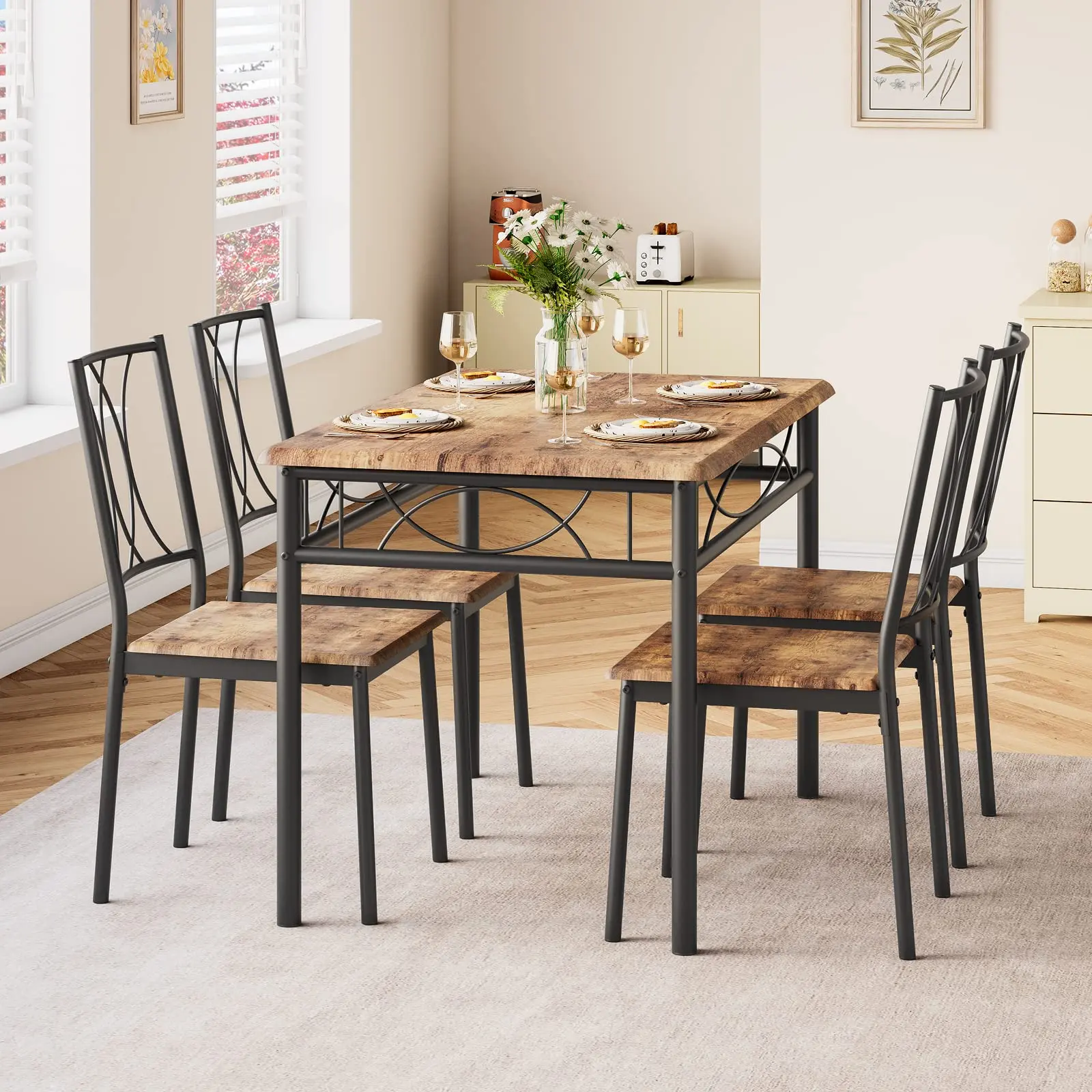 Industrial Look 5-Piece Wood & Metal Dining Table Set for 4, Rectangular Table with Upholstered Chairs, Space Saver for Apartments, Retro Brown Finish
