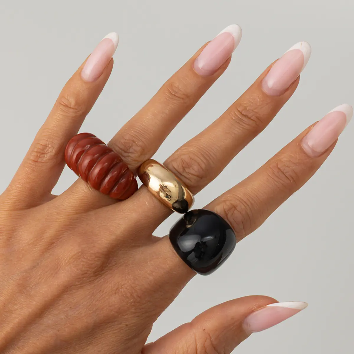 3 Piece Resin Stacking Ring Set - High Shine Gold Plated Alloy, Ribbed Terracotta, Black Dome Baddie Aesthetic Main Character Energy Sports & Outdoor Accessory Jewelry