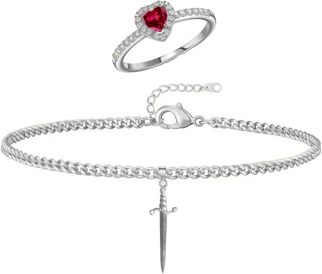 Heart Ring Sword Bracelet Set for Couple Gold Silver Heart Ring Sword Link Chain Bracelet Red Gemstone Promise Ring for Her Sword Through Heart Valentine Anniversary Trendy Jewelry