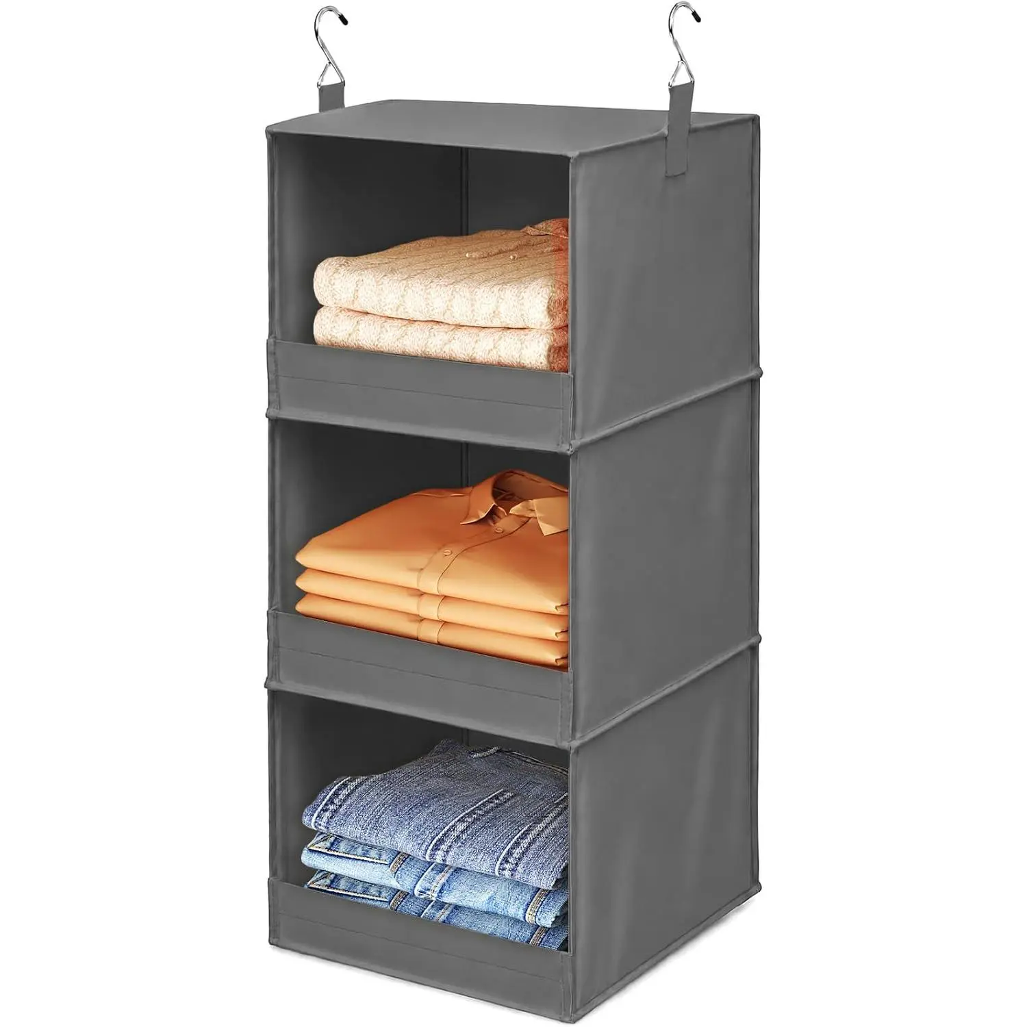 3 Tier  Closet Storage Organizer for Shelves, Front Anti-Slip Clothes Storage Hanger with 2 Sturdy Hooks, Vertical Foldable Sweater Organization for Shlef, Wardrobe, Dorm, RV, Gray