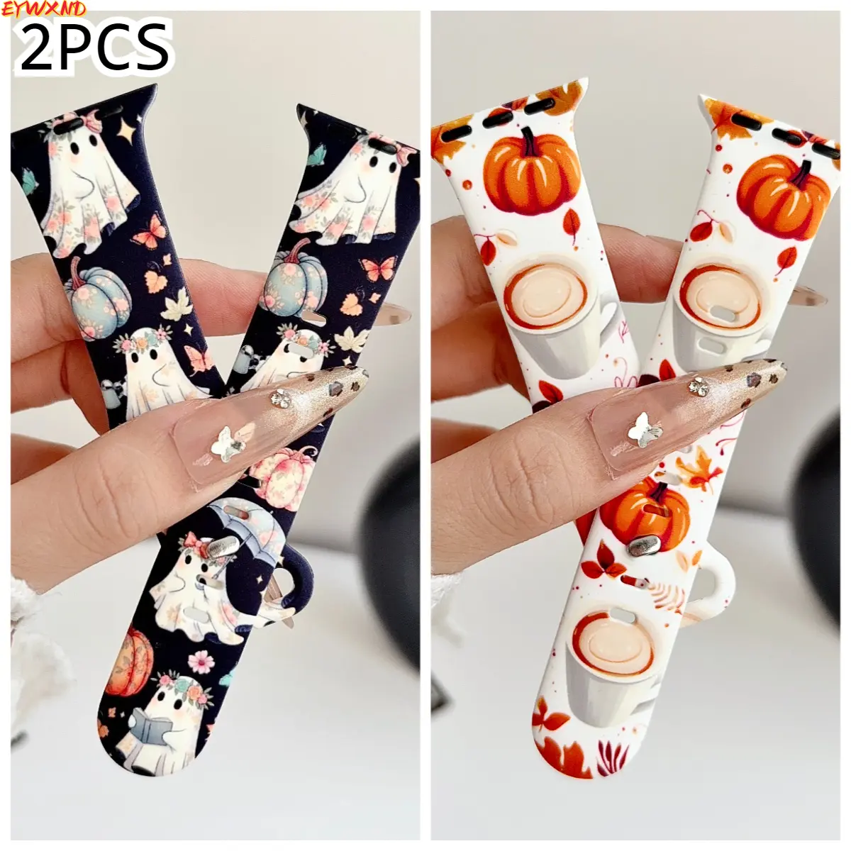 EYWXND 2PCS Halloween Ghost & Pumpkin Spice Coffee Silicone Watch Band Set, Cute Floral Ghost & Fall Latte Pumpkin Leaf Print Replacement Straps for Apple Watch 38mm 40mm 41mm 42mm 44mm 45mm 49mm 46mm, Soft Sport Wristbands for Women Girls