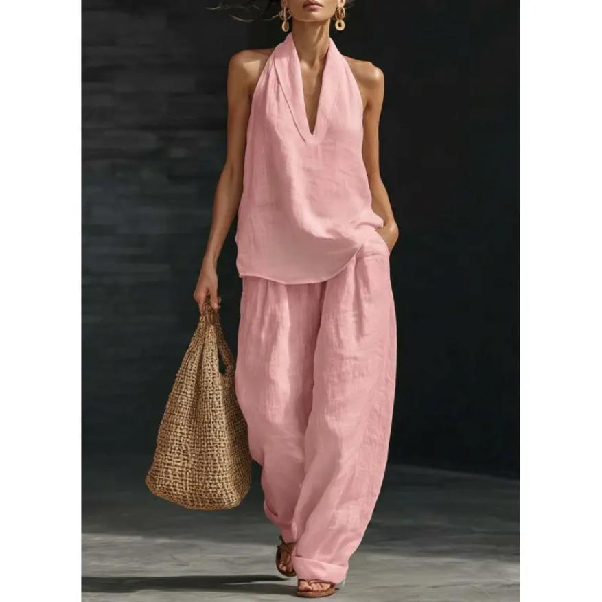 Summer Bohemia Linen Set for Women - Halter Neck Sleeveless Top & Loose Wide Leg Pants, Beach Vacation Brunch Casual Outfit