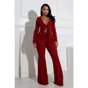 Women's Set Long Sleeve Lace See Through Shirt & Flare Pants 2025 Spring Street Sexy Two Piece Sets Outfits Tracksuit Polyester