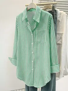 Women's Casual Striped Pointed Collar Long Sleeve Button Down Shirt, Button Pocket, Suitable for Fall Winter Spring Daily Office Wear