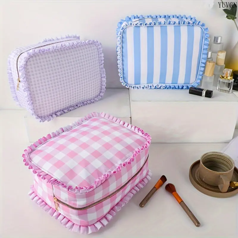 1pc High-Capacity Frilled Edge Striped Plaid Fabric Makeup Bag - Zipper Pouch, Portable Travel Gym Storage Organizer, Camping Toiletry Wash Case