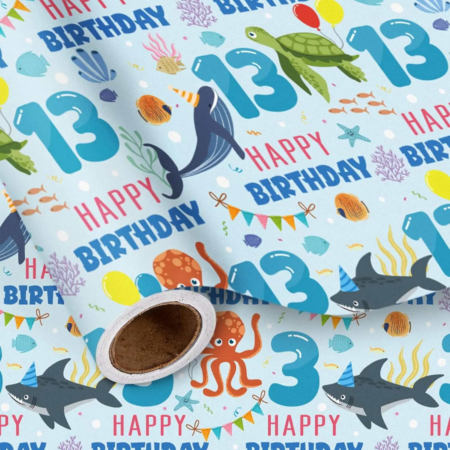 13th Birthday Mini Wrapping Paper Roll for Teens Boys - Sea Turtle, Shark, Dolphin, Coral & Seaweed Design - 17in x 16.4in Office Stationery Gift Wrap for Birthday Parties