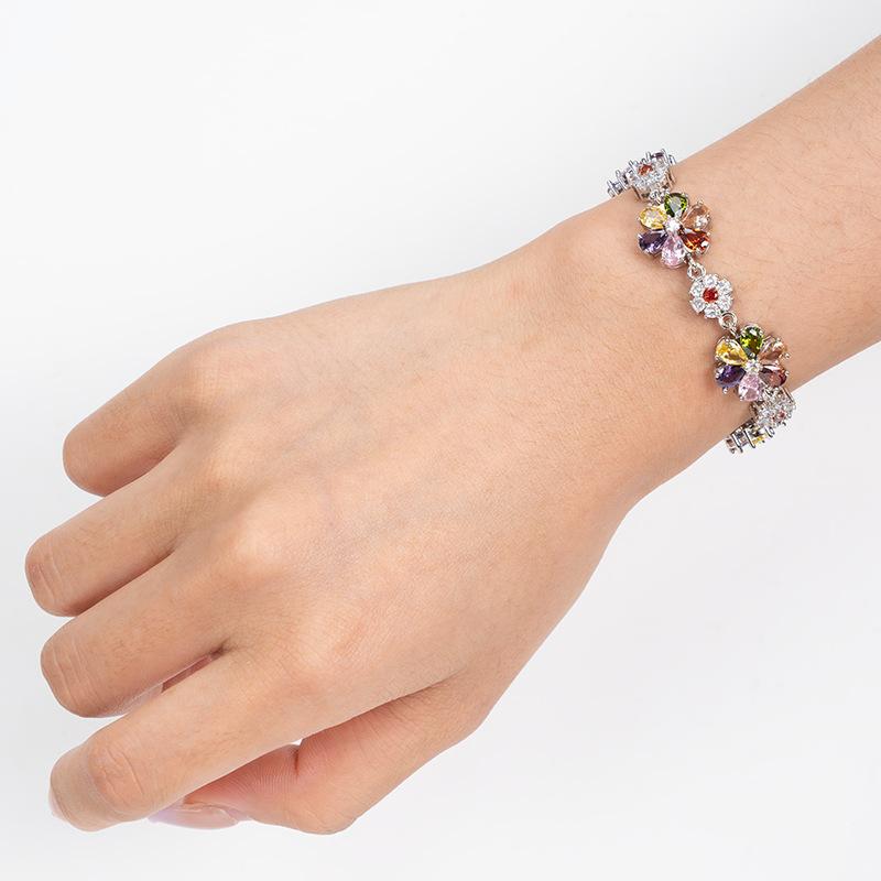 Colorful Flower Cubic Zirconia Bracelet for Women, Dainty Silver Plated Floral Tennis Bracelet, Sparkly Multicolor CZ Statement Jewelry, Perfect Gift for Mom, Sister & Best Friend