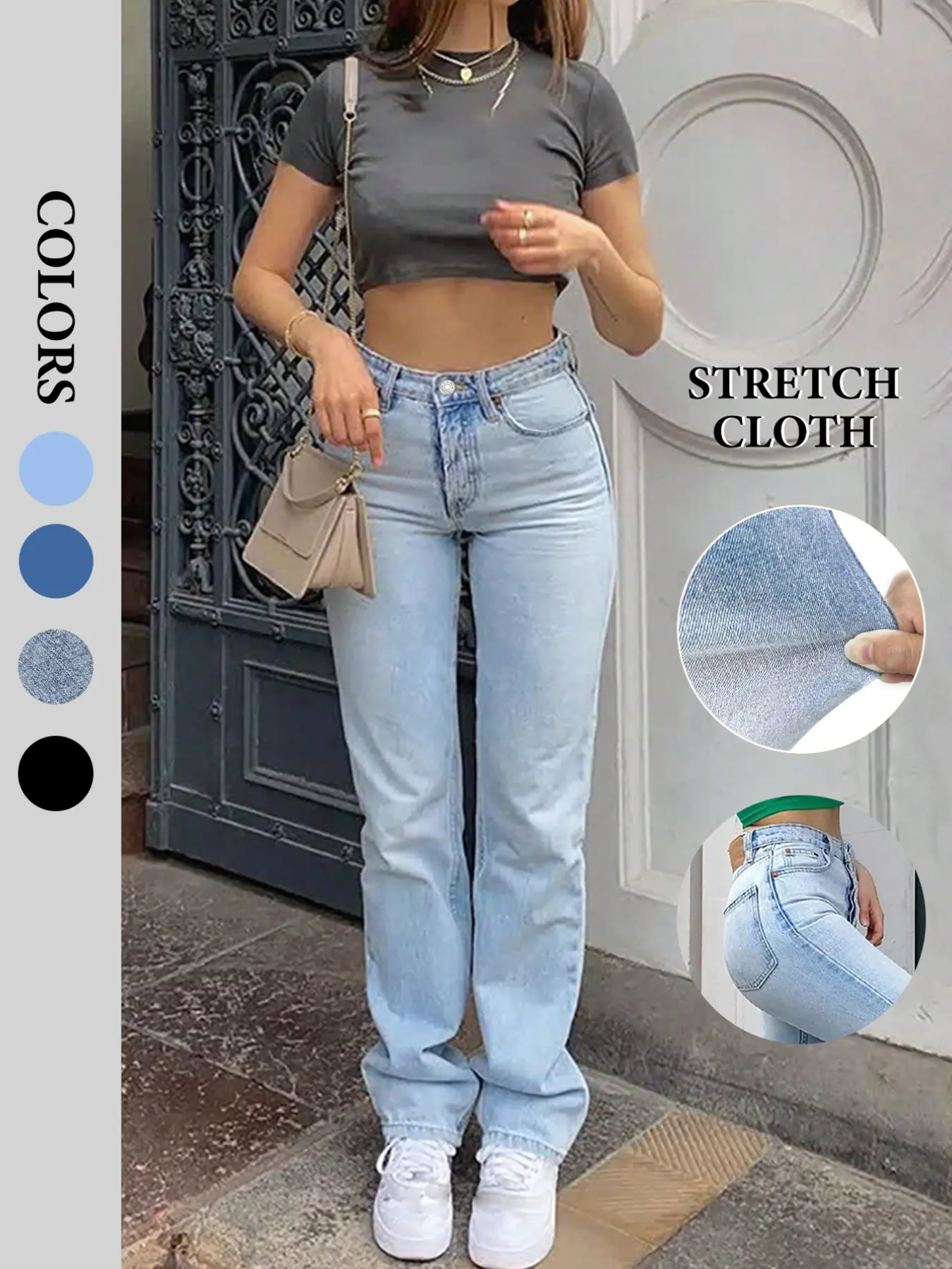 Nvfelix Women's Blue Fashion Stretch Elastic Slim Fit Straight Leg Jeans, Comfortable Denim for Daily Wear, Trendy Casual Complement, Light Wash