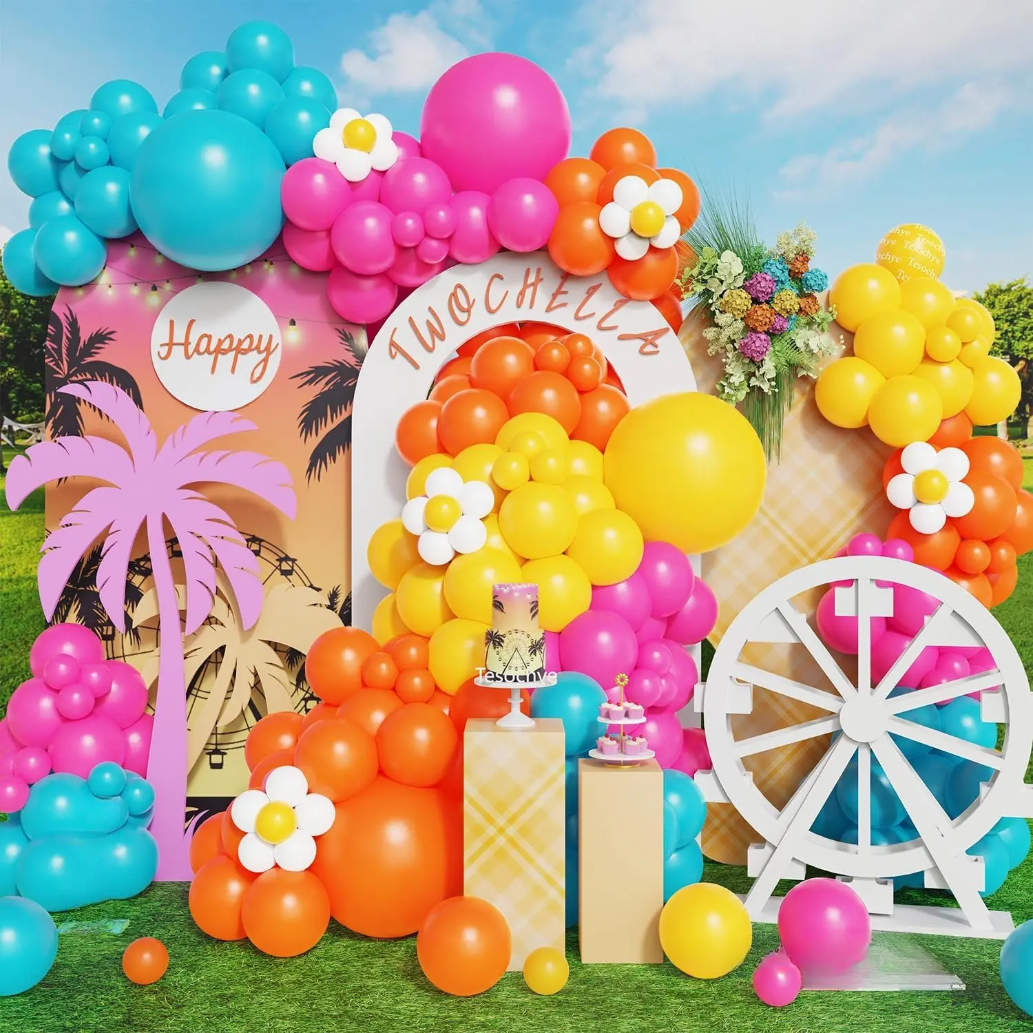 172 count Summer Tropical Balloon Arch Garland Kit,Hot  Yellow Orange Lake Blue Rainbow Balloon for Hawaiian Luau Birthday  Shower Summer Pool Party  Festival Theme Party Decorations