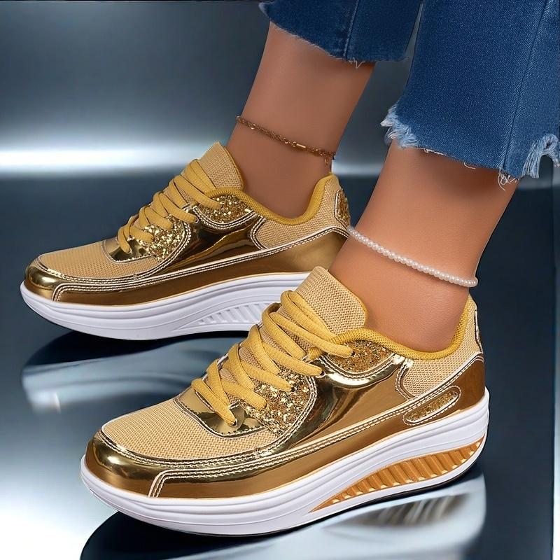 Women's Glittery Golden & Yellow Sneakers - Lightweight, Breathable Mesh Upper, Comfortable EVA Sole for Walking, Running, Yoga & Casual Wear