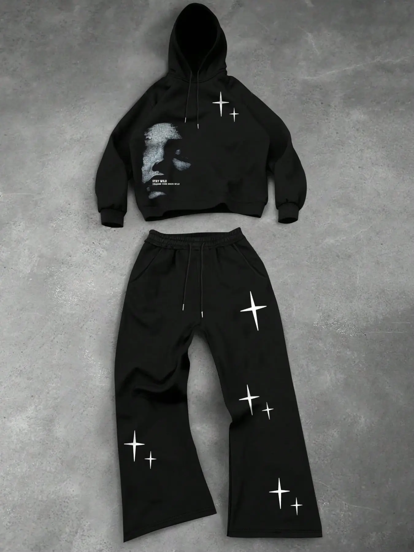 Edgy Urban Hip‑Hop Streetwear Men Black 2‑Piece Outfit, Portrait Star Slogan Print Hooded Sweatshirt & Loose Flare Sweatpants Set, Comfort Drawstring Hood Side Pockets Casual Tracksuit for Men Daily Hangout Outdoor Street Travel Outfits