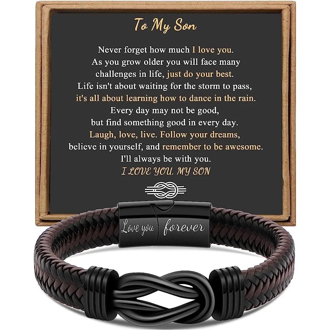 Brown Braided Leather Infinity Bracelet for Men - Stainless Steel Engraved "Love You Forever" - Gift for Dad Husband Boyfriend Son Grandson Brother Nephew Uncle - 7.5/8.5/9 InchesGift