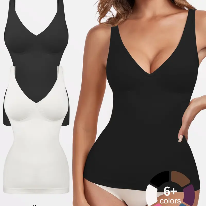 Women's 1/2/3/4 Pcs Tank Top Deep V Neck Tummy Control Seamless Slim Fit Compression Top Vneck Shapewear, Casual All-Seasons Undergarment, Moderate Fabric Thickness