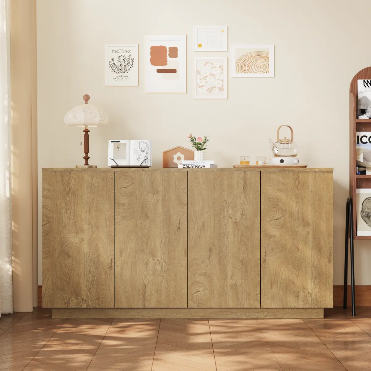 Wood Sideboard Buffet Cabinet, Natural  4-Door Storage Credenza with Adjustable Shelves, 59.1" Wide Large Side Board Cabinet, Particle Board Console Cabinet for Dining Room Kitchen Living Room Entrywa
