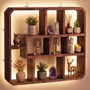 Pinkunn LED Rustic Shadow Box Display Shelf with Lights, 9 Compartments Wood Hanging Display Floating Shelves, Multi-Slot Wall Mounted or Freestanding Farmhouse Decor Displays Case for Collectibles