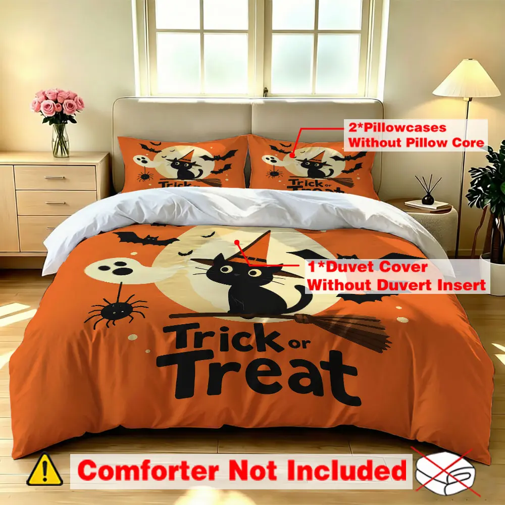 A set of 3 Halloween black cat Trick or Treat-themed bedding sets (one bedspread and two pillowcases), unstuffed, suitable for single beds and double beds, ideal for bedrooms, student dormitories, and gaming hotels, and perfect for gift-giving