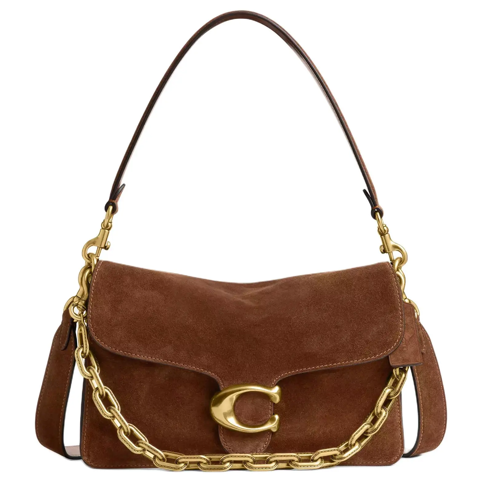 COACH Chain Tabby 26 Crossbody Shoulder Bag for Women – Suede, Brass-Tone Accents, Warm Brown