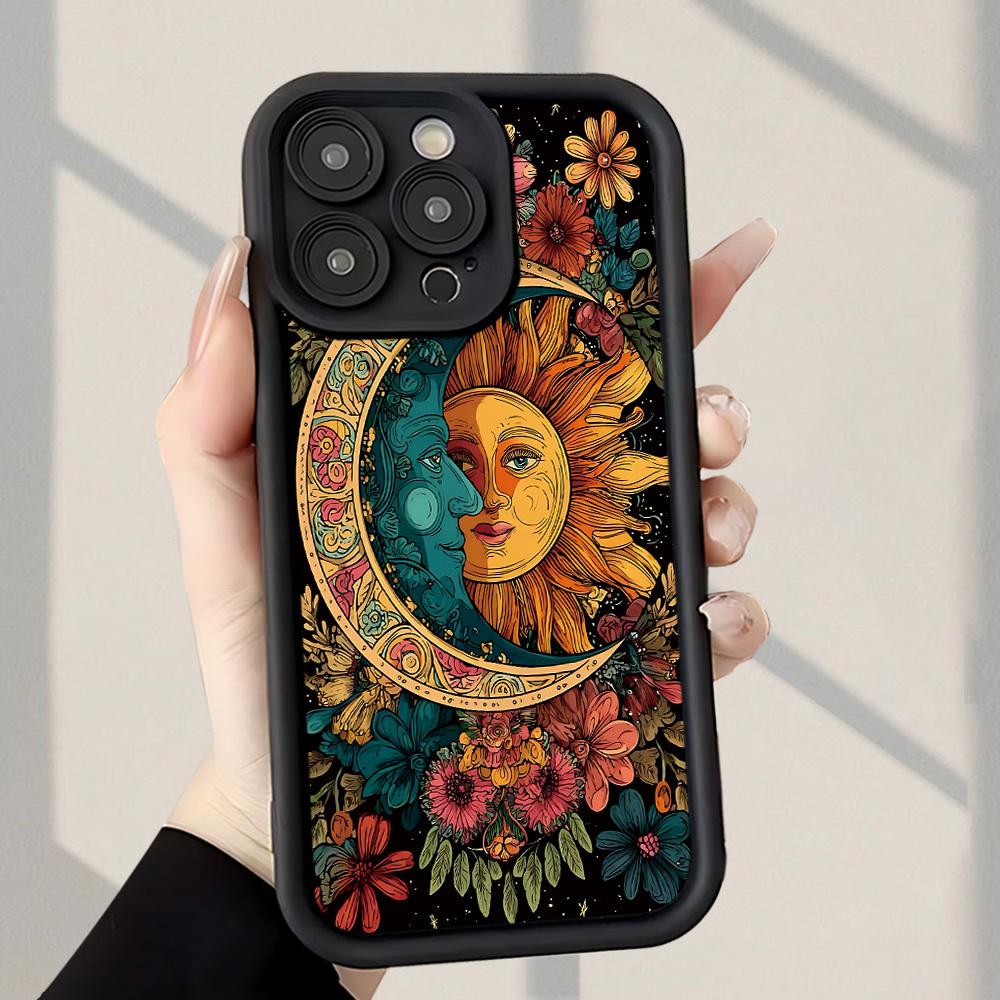 Stylish Phone Case Featuring a Sun And Moon Floral Design, Offering Shock Resistance And Anti-Fingerprint Properties. It Provides Full Coverage And Is a Thick, Soft Protective Case with iPhone 17 E Air Pro ProMax iPhone16 15 14 Plus 13 12 Mini 11 X XS XR