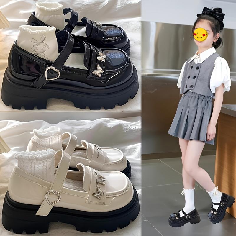 Girls' Mary Jane Shoes with Butterfly Decoration, Patent Leather Thick Sole with Velcro, Casual Lolita Style, Girls' Daily Shoes