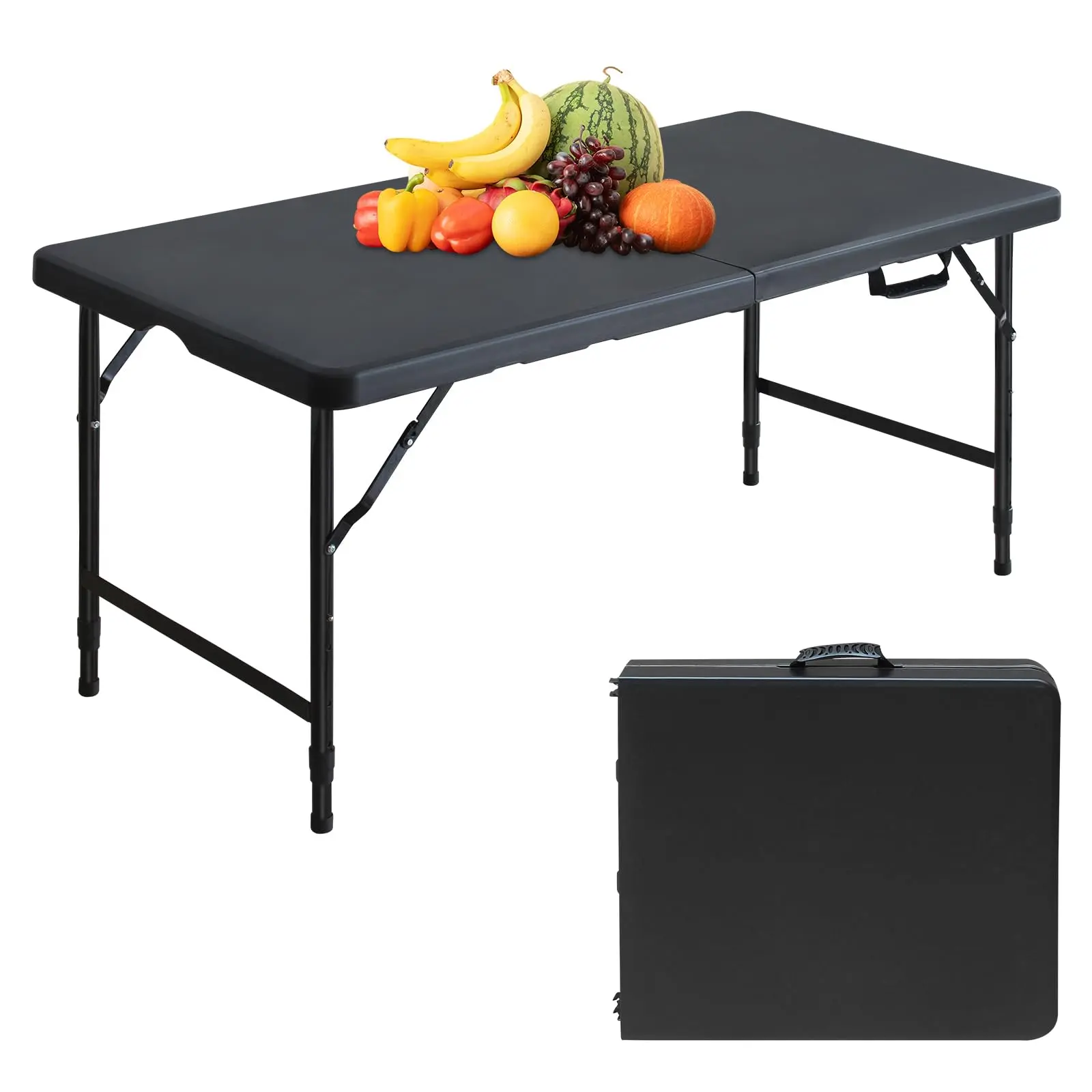 GARVEE 4ft Portable Plastic Folding Picnic Table Outdoors - Heavy-Duty, Adjustable Height, Steel Legs, Quick Setup, Fold-in-Half with Carrying Handle - Utility for Picnic, Party (Black)