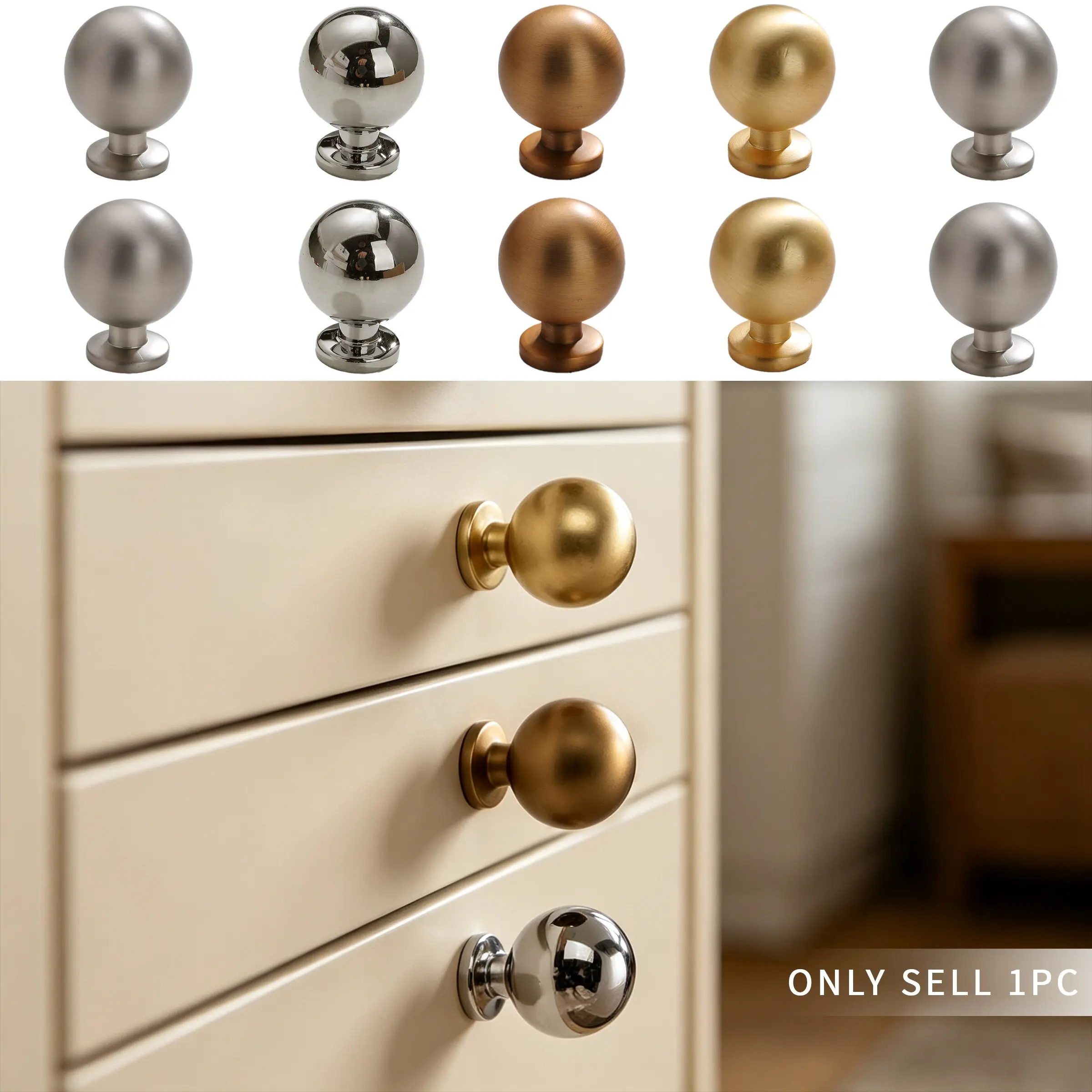 French Vintage Round Pull Handle, Antique Brass Color, Single Hole, for Cabinets, Furniture, Drawers, Wardrobes, 10 Pieces Set
