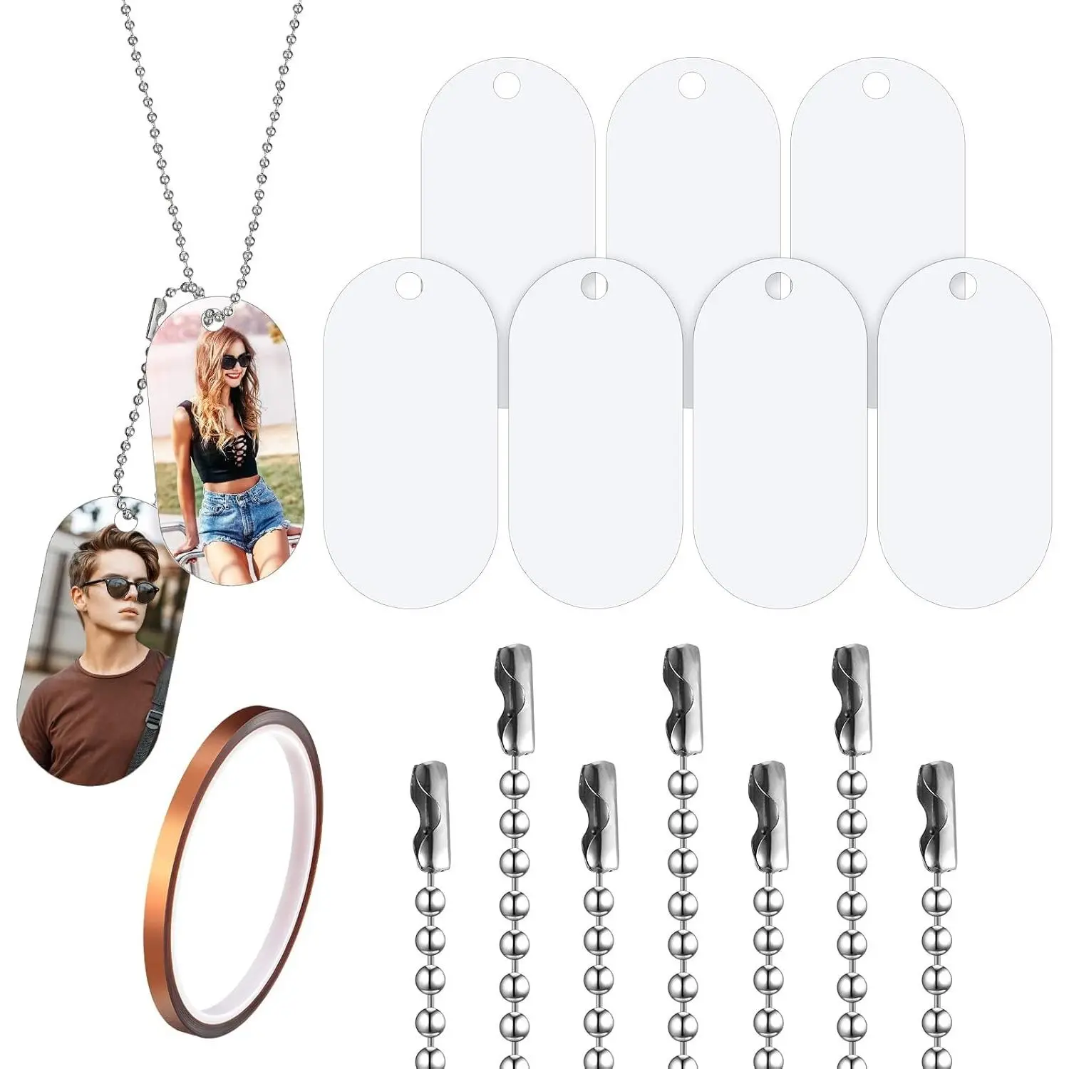 50 Sets Sublimation Blank Dog Tags with Chain Aluminum Blank Dog Tags Necklace for Sublimation Double Sided DIY Custom Tag Necklace Blanks Bulk Includes Heat Tape
