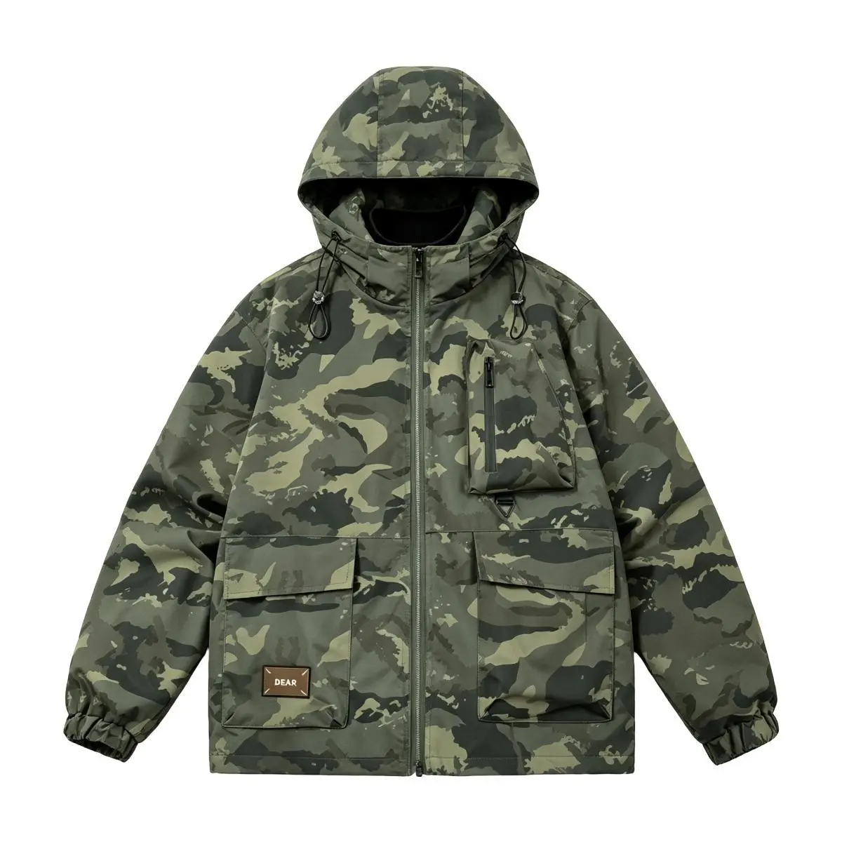 Outdoor Spliced Hooded Jacket for Men Contrast Panel Design Adjustable Cuffs & Drawstring Hood Waterproof Breathable Fabric Relaxed Silhouette Functional Outer Coat for Mountaineering Walking Daily Commute