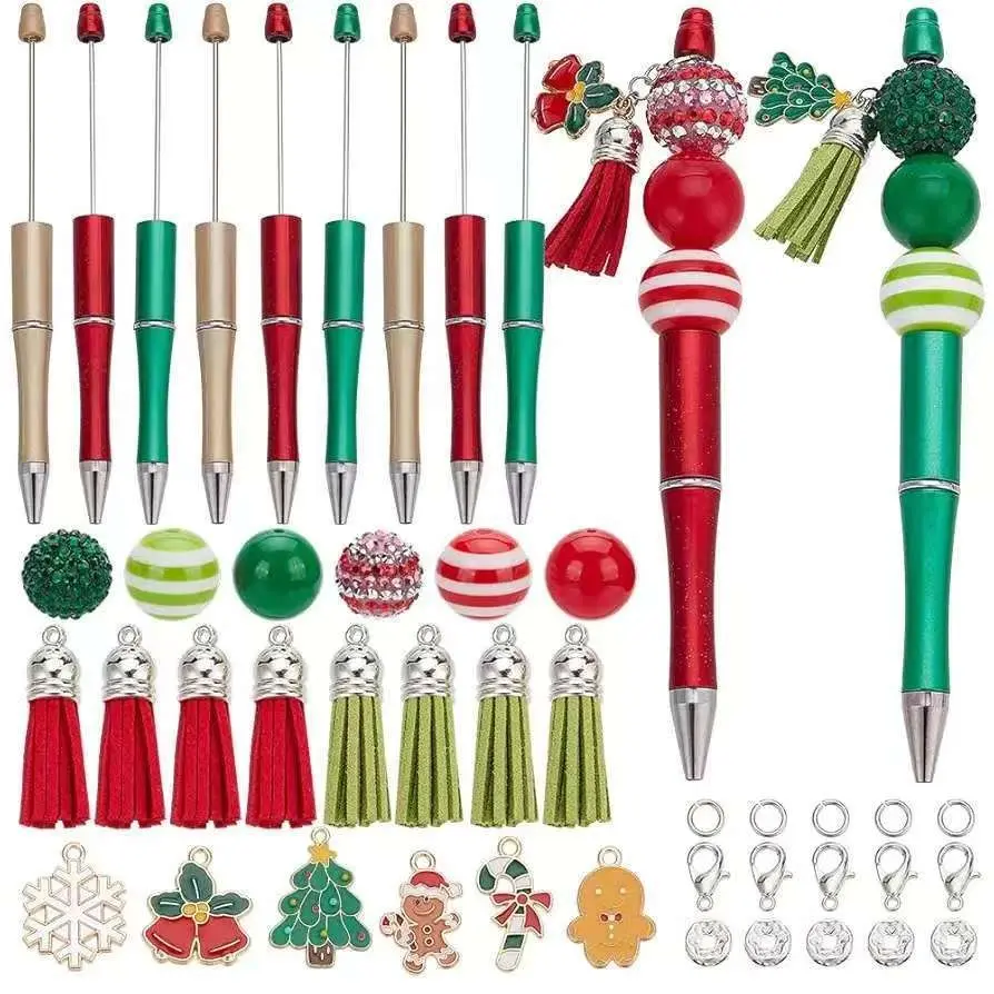 12 Sets DIY Christmas Beaded Pen Kit with Resin Acrylic Beads Charms Gingerbread Snowman Pendant with Lobster Clasps Handmade Craft Pens for Students Teens School Office Teacher Day Back to School Christmas Creative Gift