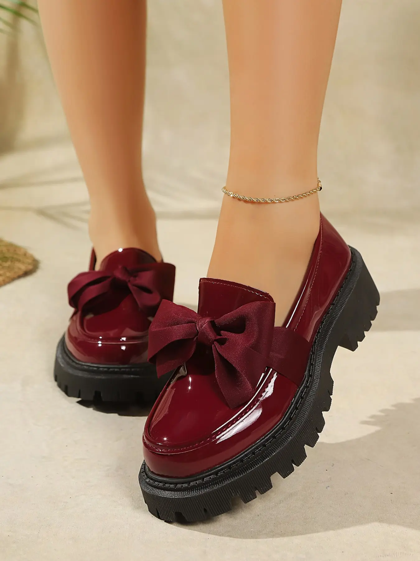 New Bow Women Loafers, Double Layer Stitching, Zigzag Thick Sole, Slip-On Retro Casual Walking Shoes, Comfortable and Stylish Footwear