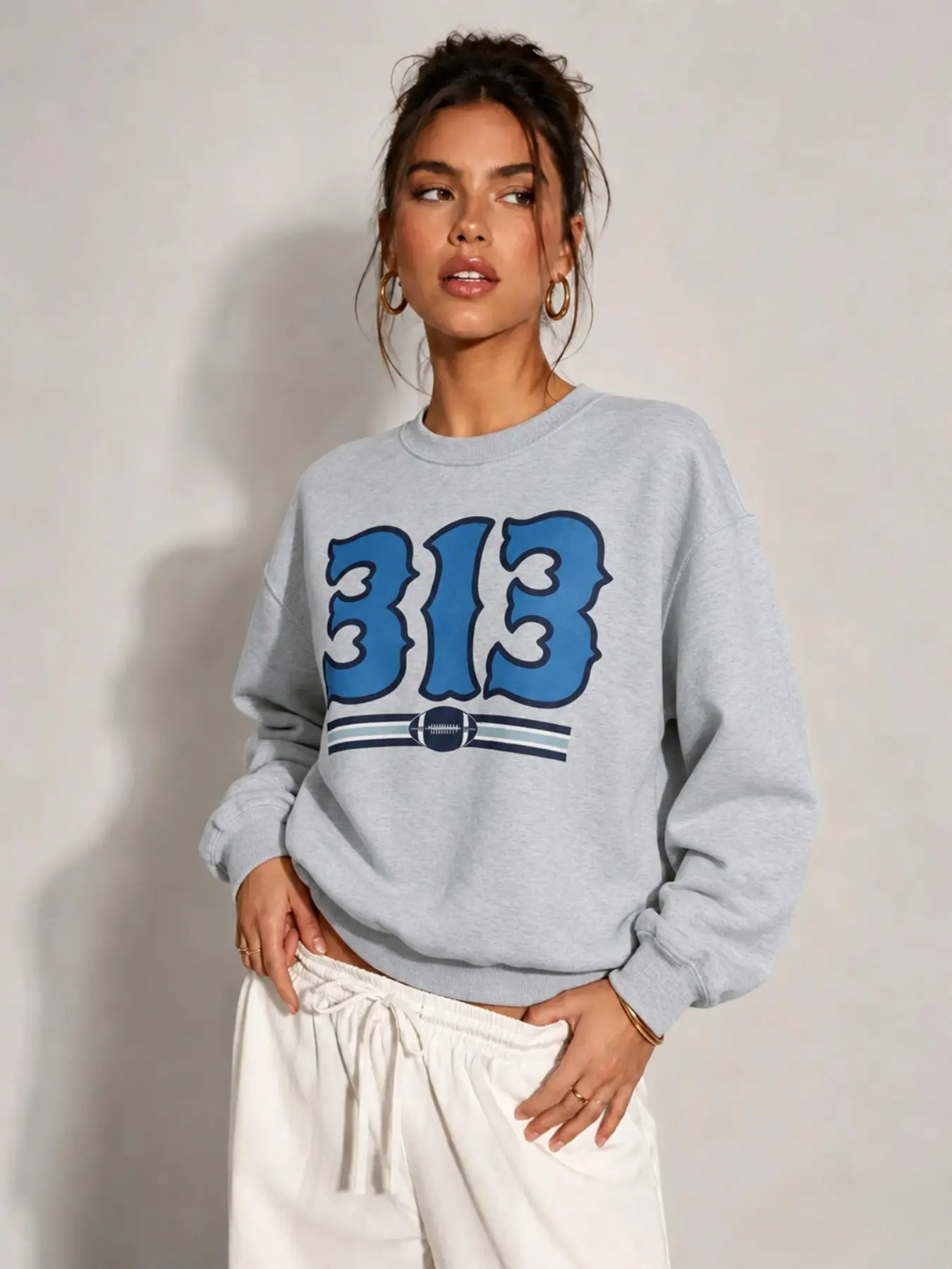 Women's 313 Detroit Football Graphic Crewneck Sweatshirt, Vintage Number Print, Oversized Long Sleeve, Casual Retro Game Day Jumper