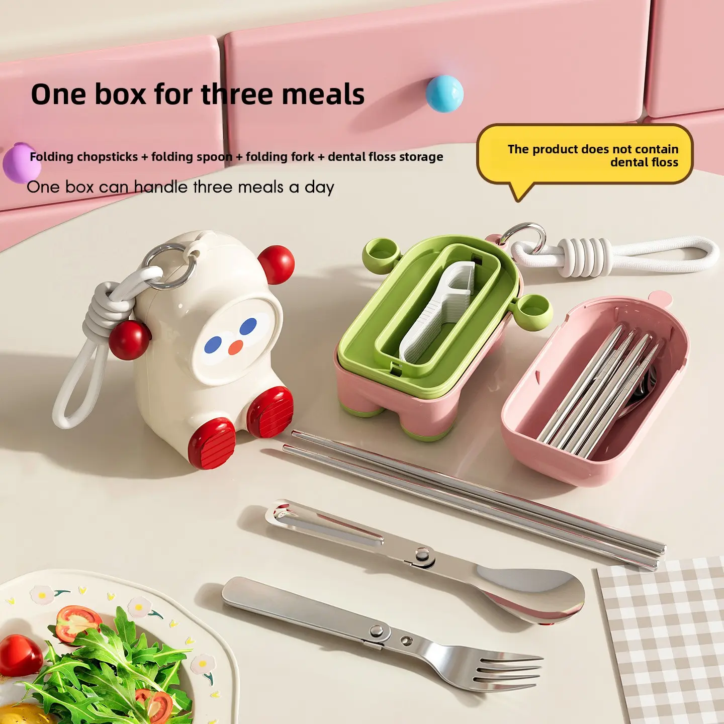 304 Chopsticks and Spoon Set Children's Tableware Storage Box Portable Tableware for Elementary School Students Cute Cartoon Design