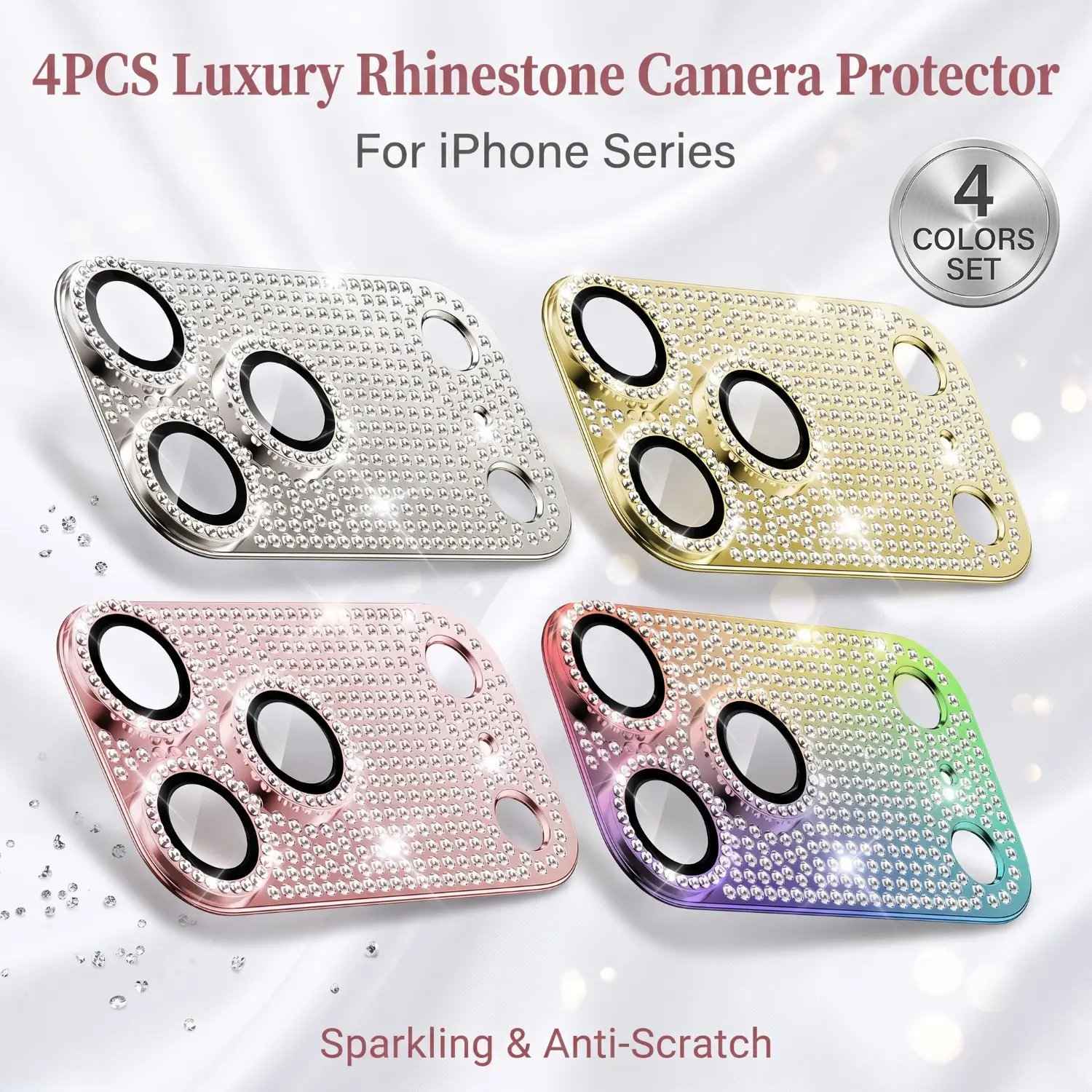 4PCS 1 of Each Color for iPhone Series 11-17 Pro Max Bling Sparkling Camera Lens Protector Anti Scratch Metal Full Protective Lens Cover Glitter Diamond Rear Camera Screen Cover Accessories