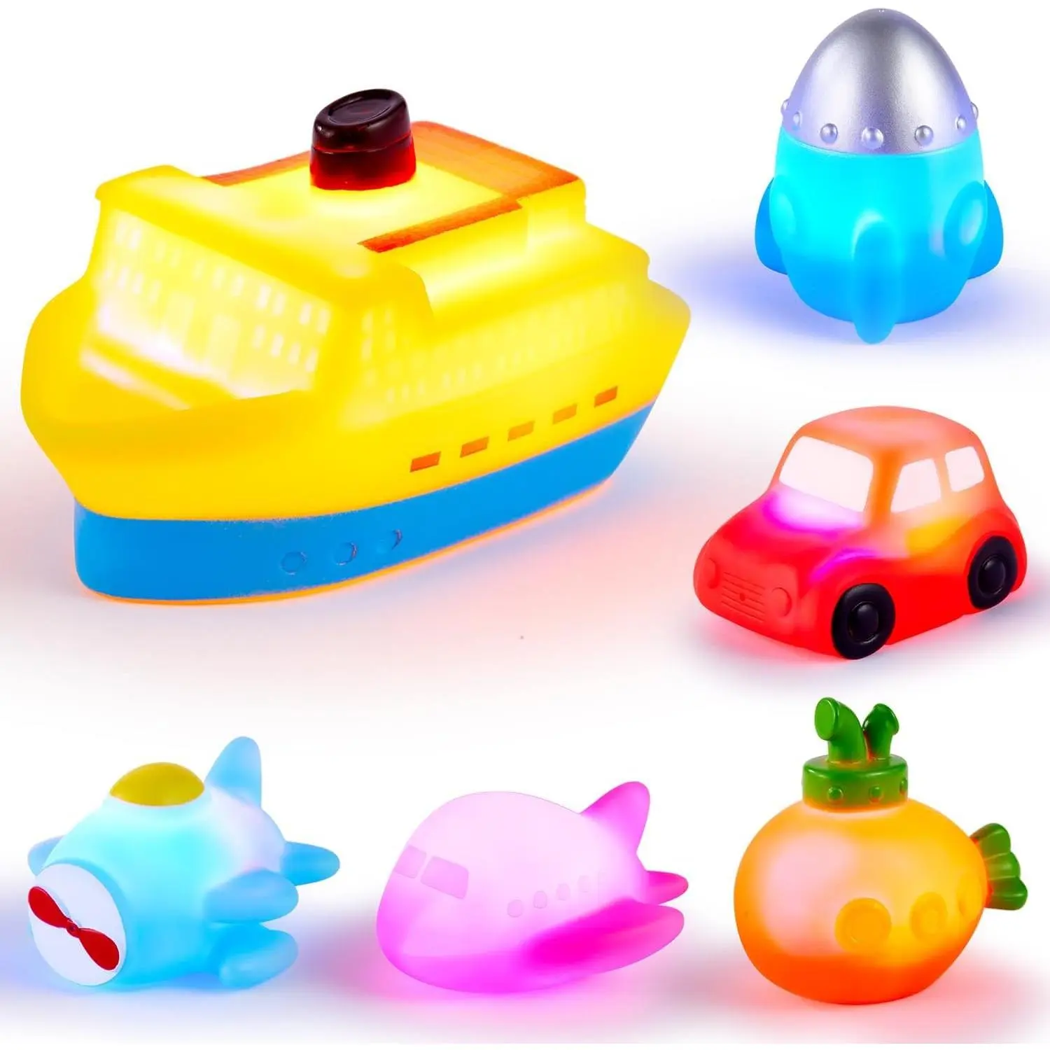 6-Pack No Hole Boat Bath Toy Set - Boat Shapes, Prop 65 Safe Rubber Floaters, LED Color-Changing, Floating for Baby Toddler Bathtub, Shower or Swimming Pool Play, Flotation Device