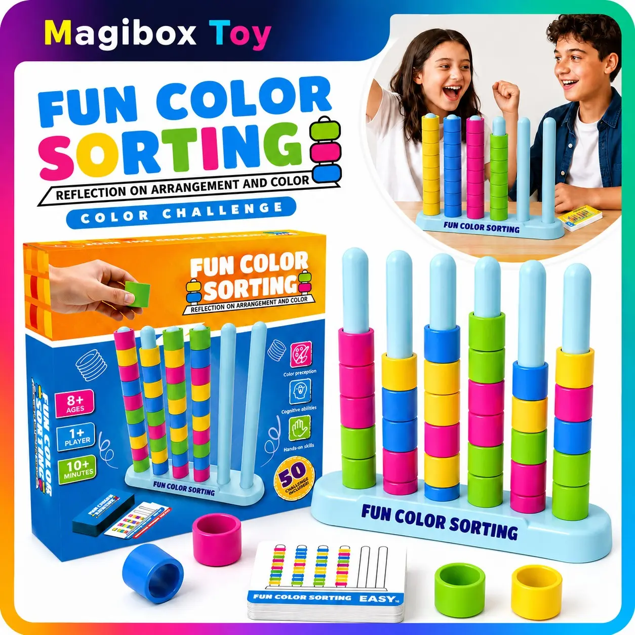 Color Sorting Stacking Game, Montessori Educational Toy for Kids, Matching Logic Board Game, Challenge Cards, Family Party Learning Toy