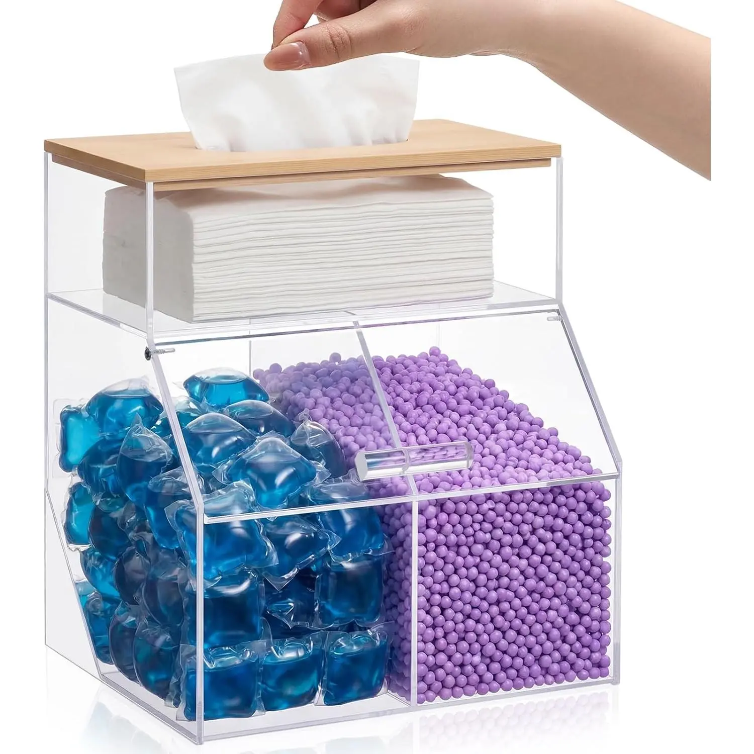 Juexica 3 in 1 Laundry Pods Container & Dryer Sheet Holder & Fragrance Beads Dispenser with Bamboo Lid Acrylic Dishwasher Pods Container Laundry Room Organization Storage for Room Kitchen Home