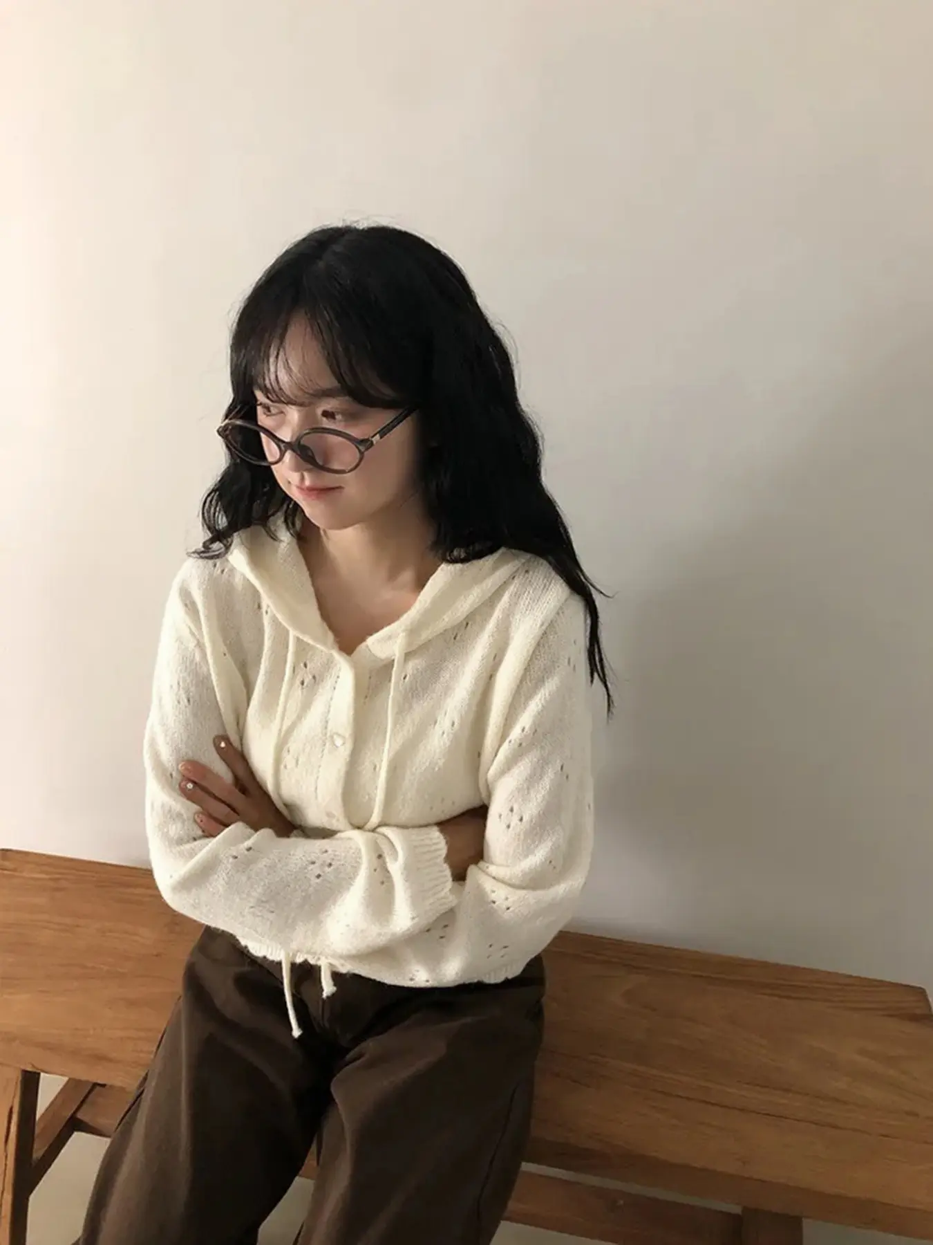New Fashion Korean Style Hollow Out Hooded Long Sleeve Solid Color Women's Knit Sweater Cardigan, Loose Fit Casual Office Wear, Date Night