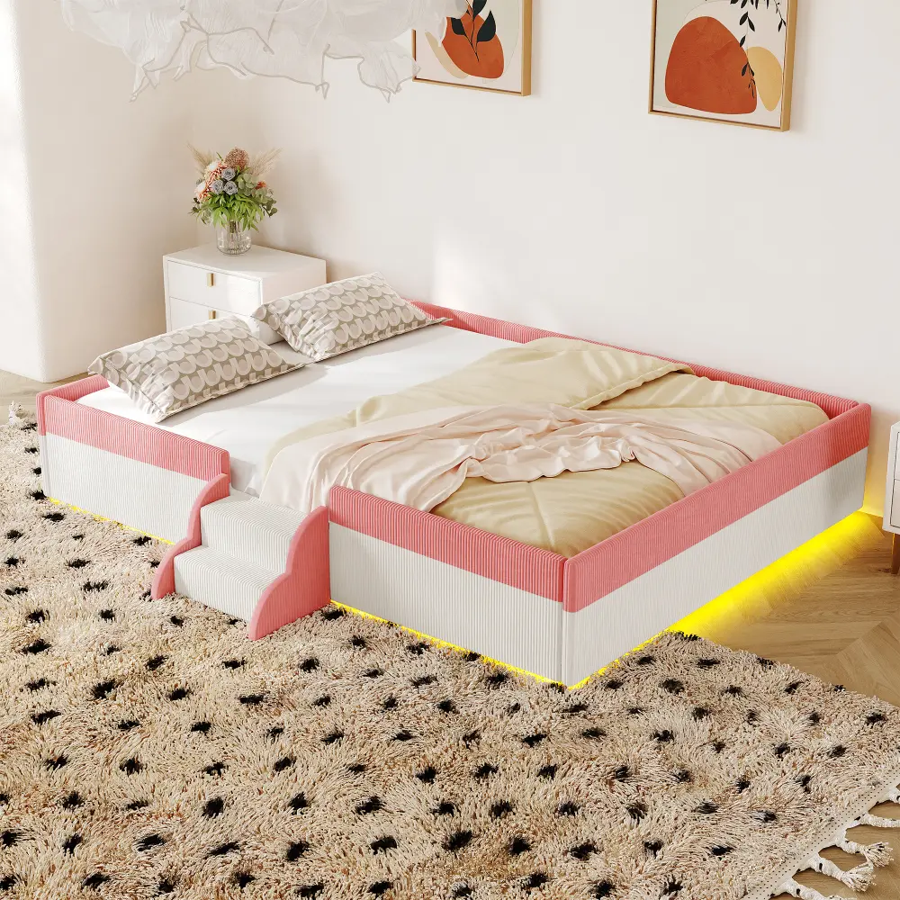 Full Size Upholstered Floor Bed with Fence, 2-Tier Steps and Smart LED Lights
