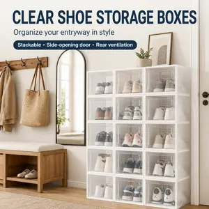 6/12/18/24-piece set, sturdy and transparent shoe box with lid, stackable plastic shoe rack. Waterproof design, space-saving, suitable for all types of shoes, ideal for entrance hall, shoe rack, and shoe cabinet storage