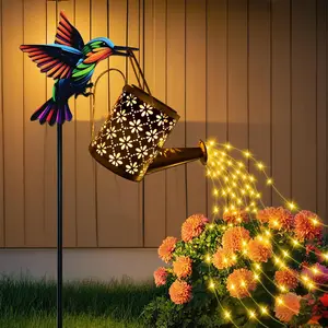Solar Watering Can with Cascading Lights Outdoor Garden Decor, Hummingbird Shaped Hook Gardening Gifts for Mom Women Grandma Birthday, Solar Lights for Garden Decorations Patio Yard Lawn BackyardGift