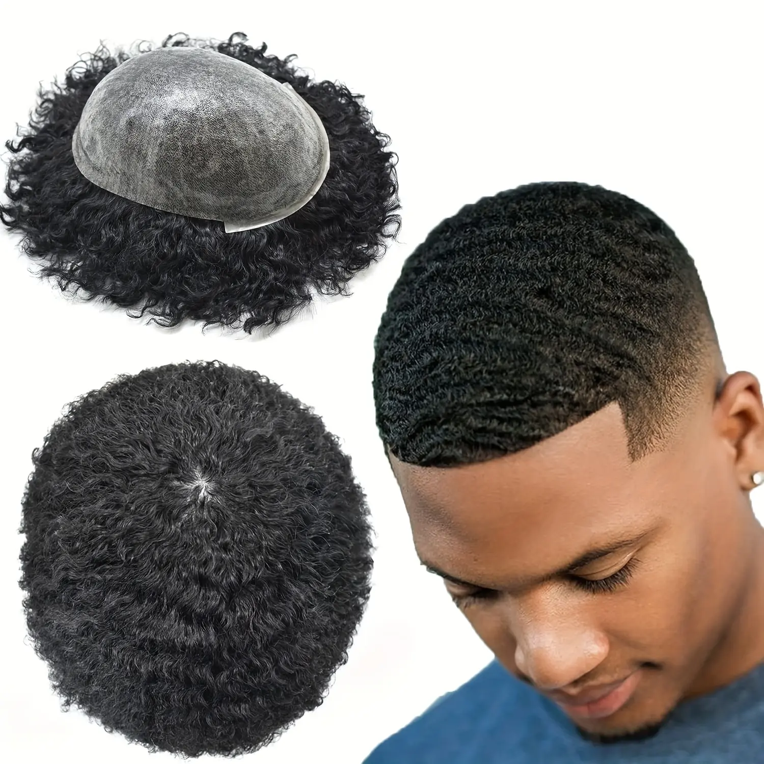 Real Human Hair Toupee for Men - 8x10 Inch Afro Curly/Kinky 6mm Thick PU Hair Replacement System, Hand-Knotted Breathable Cap, Natural Look for African American Men, Elegant Style, Hairpiece for Men, Men'S Hairpiece, Afro Style Wig, Secure Fit Wig